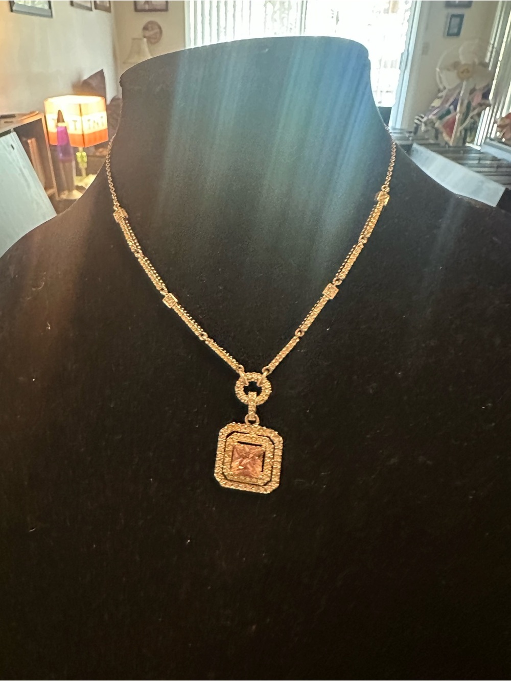 Gold-Tone Pendant Necklace with Square Pink Center Stone costume jewelry